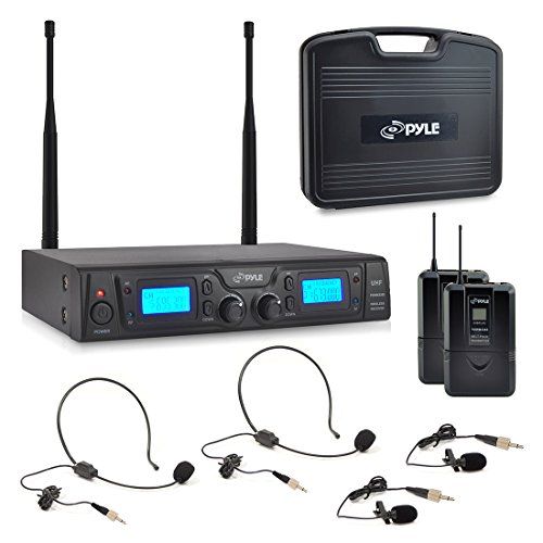  Pyle UHF Wireless Microphone & Rack Mountable Receiver System 2 Belt Packs, 2 Lavelier/Lapel MIC Travel Case 16 Channel Frequency Independent Channel Volume Control LCD Digital Dis