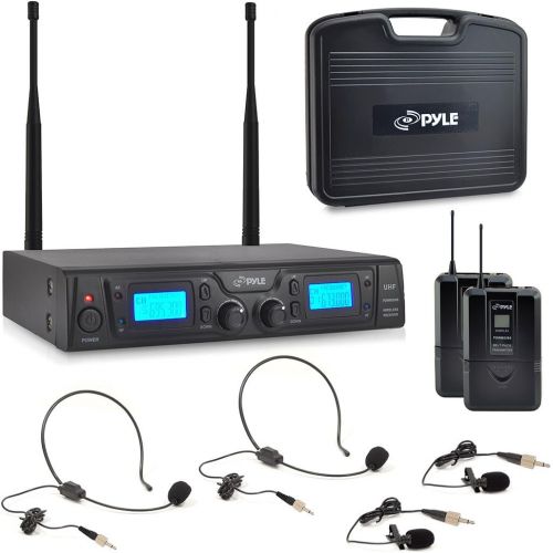  Pyle UHF Wireless Microphone & Rack Mountable Receiver System 2 Belt Packs, 2 Lavelier/Lapel MIC Travel Case 16 Channel Frequency Independent Channel Volume Control LCD Digital Dis