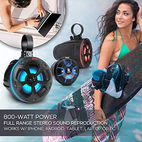  Pyle 2-Way Waterproof Off Road Speakers - 4 800W Active Passive Marine Grade Wakeboard Tower RGB Speakers System w/Bluetooth Controller, Full Range Stereo Speaker for ATV/UTV Jeep Boat