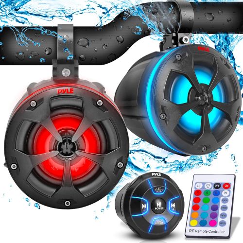  Pyle 2-Way Waterproof Off Road Speakers - 4 800W Active Passive Marine Grade Wakeboard Tower RGB Speakers System w/Bluetooth Controller, Full Range Stereo Speaker for ATV/UTV Jeep Boat