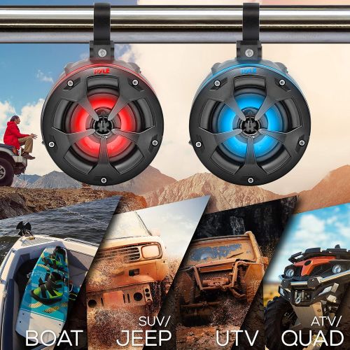  Pyle 2-Way Waterproof Off Road Speakers - 4 800W Active Passive Marine Grade Wakeboard Tower RGB Speakers System w/Bluetooth Controller, Full Range Stereo Speaker for ATV/UTV Jeep Boat