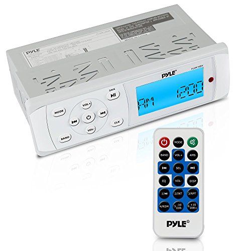  Pyle Bluetooth Marine Stereo Radio - Waterproof/Weather Proof Single DIN 12v Boat Receiver with Digital LCD, RCA, MP3 / USB, AM FM, Weatherband - Wiring Harness, Remote Control - P