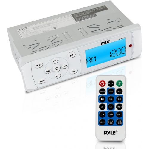  Pyle Bluetooth Marine Stereo Radio - Waterproof/Weather Proof Single DIN 12v Boat Receiver with Digital LCD, RCA, MP3 / USB, AM FM, Weatherband - Wiring Harness, Remote Control - P