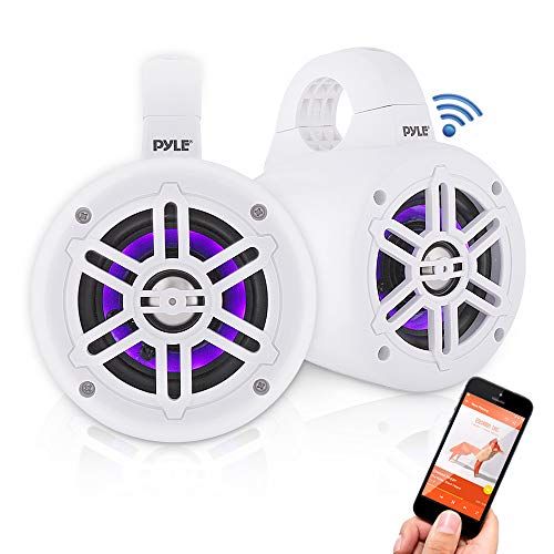  Waterproof Marine Wakeboard Tower Speakers - 4 Inch Dual Subwoofer Speaker Set w/ 300 Max Power Output - Boat Audio System w/Built-in LED Lights - Mounting Clamps Included - Pyle P