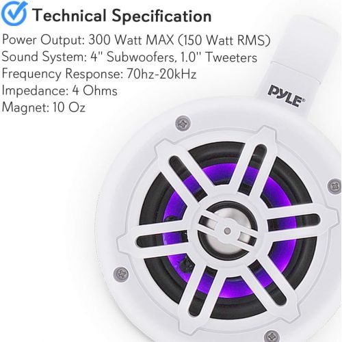  Waterproof Marine Wakeboard Tower Speakers - 4 Inch Dual Subwoofer Speaker Set w/ 300 Max Power Output - Boat Audio System w/Built-in LED Lights - Mounting Clamps Included - Pyle P