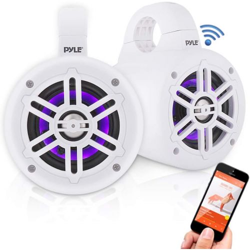  Waterproof Marine Wakeboard Tower Speakers - 4 Inch Dual Subwoofer Speaker Set w/ 300 Max Power Output - Boat Audio System w/Built-in LED Lights - Mounting Clamps Included - Pyle P