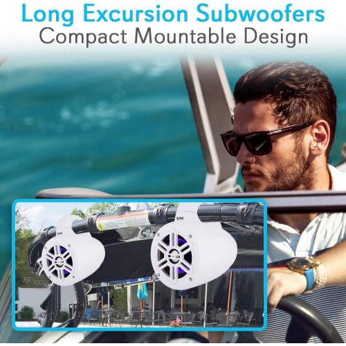  Waterproof Marine Wakeboard Tower Speakers - 4 Inch Dual Subwoofer Speaker Set w/ 300 Max Power Output - Boat Audio System w/Built-in LED Lights - Mounting Clamps Included - Pyle P