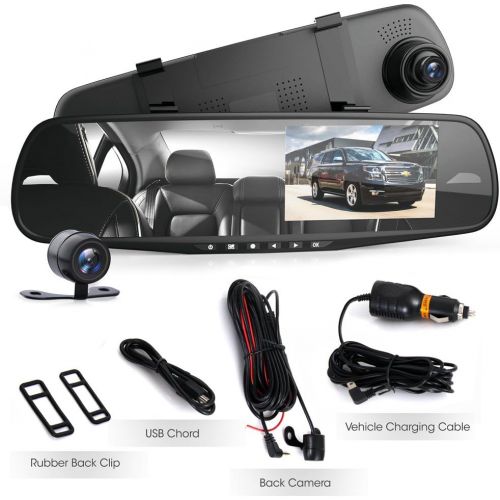  Pyle Dash Cam Rearview Mirror - 4.3” - PLCMDVR49 & SanDisk 64GB Ultra microSDXC UHS-I Memory Card with Adapter - 100MB/s, C10, U1, Full HD, A1, Micro SD Card - SDSQUAR-064G-GN6MA