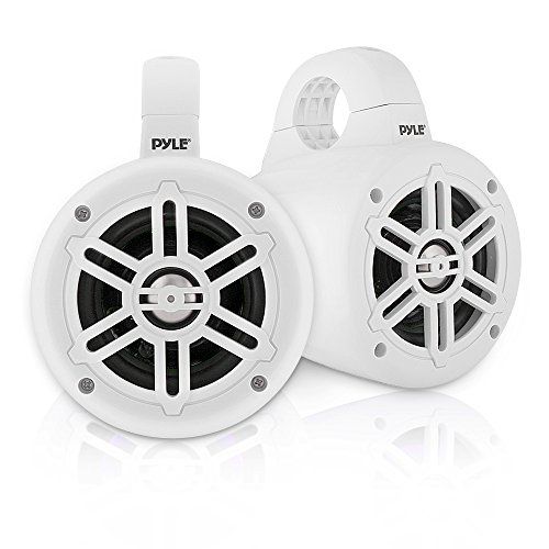  Waterproof Marine Wakeboard Tower Speakers - 4 Inch Dual Subwoofer Speaker Set with 300 Max Power Output - Boat Audio System Kit w/ Titanium Dome Tweeters & Mounting Clamps - Pyle