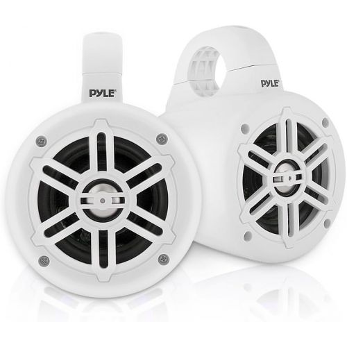  Waterproof Marine Wakeboard Tower Speakers - 4 Inch Dual Subwoofer Speaker Set with 300 Max Power Output - Boat Audio System Kit w/ Titanium Dome Tweeters & Mounting Clamps - Pyle