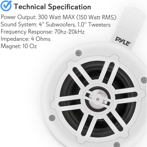  Waterproof Marine Wakeboard Tower Speakers - 4 Inch Dual Subwoofer Speaker Set with 300 Max Power Output - Boat Audio System Kit w/ Titanium Dome Tweeters & Mounting Clamps - Pyle