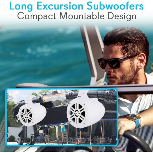  Waterproof Marine Wakeboard Tower Speakers - 4 Inch Dual Subwoofer Speaker Set with 300 Max Power Output - Boat Audio System Kit w/ Titanium Dome Tweeters & Mounting Clamps - Pyle