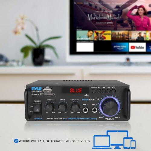  Pyle Wireless Bluetooth Stereo Power Amplifier - 200W Dual Channel Sound Audio Stereo Receiver System w/ RCA, USB, SD, MIC IN, FM Radio, For Home Theater Entertainment via RCA, Studio U