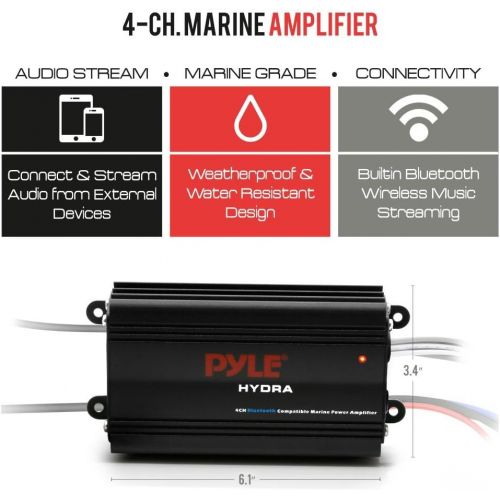  Pyle Auto 4-Channel Marine Amplifier - 200 Watt RMS 4 OHM Full Range Stereo with Wireless Bluetooth & Powerful Prime Speaker - High Crossover HD Music Audio Multi Channel System PL