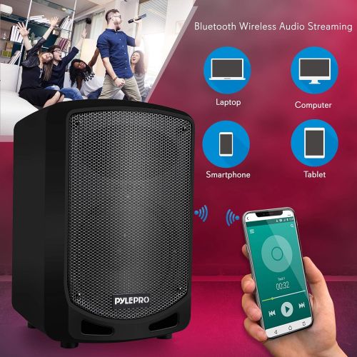  Pyle Portable Bluetooth PA Speaker System - Indoor Outdoor Karaoke Sound System w/Wireless Mic, Audio Recording, Rechargeable Battery, USB/SD Reader, Stand Mount, for Party, Crowd Contr