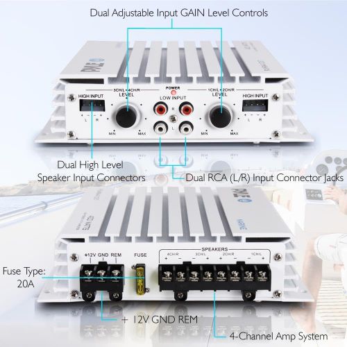  Pyle 2.1 Bluetooth Marine Amplifier Receiver - Waterproof 4 Channel Wireless Bridgeable Audio Amp for Stereo Speaker with 400 Watt Power Dual MOSFET Supply, GAIN Level and LED Indicator