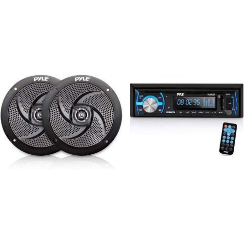  Pyle Marine Speakers - 5.25 Inch Low Profile Slim Style Waterpro Outdoor Audio Stereo Sound System - 1 Pair in Black, White & Marine Bluetooth Stereo Radio - 12v Single DIN Radio R