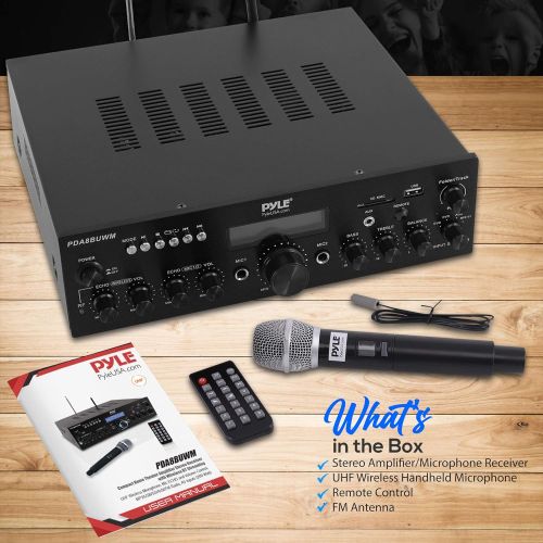  Pyle Wireless Microphone Power Amplifier System - 200W Dual Channel Sound Audio Stereo Karaoke Speaker Receiver w/ USB, AUX, Microphone IN w/ Echo, Radio,Home Theater via RCA, Studio Us