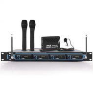 Pyle 4 Channel VHF Wireless Microphone System & Rack Mountable Base 2 Handheld MIC, 2 Headset, 2 Belt Pack, 2 Lavelier/Lapel MIC With Independent Volume Controls AF & RF Signal Ind