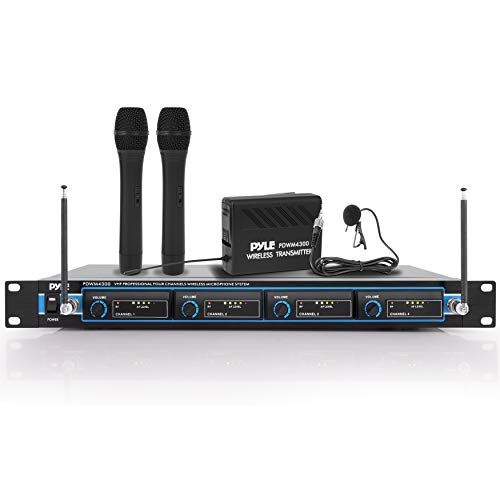  Pyle 4 Channel VHF Wireless Microphone System & Rack Mountable Base 2 Handheld MIC, 2 Headset, 2 Belt Pack, 2 Lavelier/Lapel MIC With Independent Volume Controls AF & RF Signal Ind