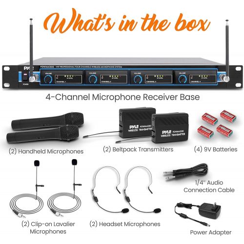  Pyle 4 Channel VHF Wireless Microphone System & Rack Mountable Base 2 Handheld MIC, 2 Headset, 2 Belt Pack, 2 Lavelier/Lapel MIC With Independent Volume Controls AF & RF Signal Ind