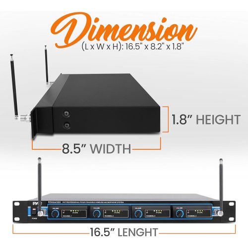  Pyle 4 Channel VHF Wireless Microphone System & Rack Mountable Base 2 Handheld MIC, 2 Headset, 2 Belt Pack, 2 Lavelier/Lapel MIC With Independent Volume Controls AF & RF Signal Ind