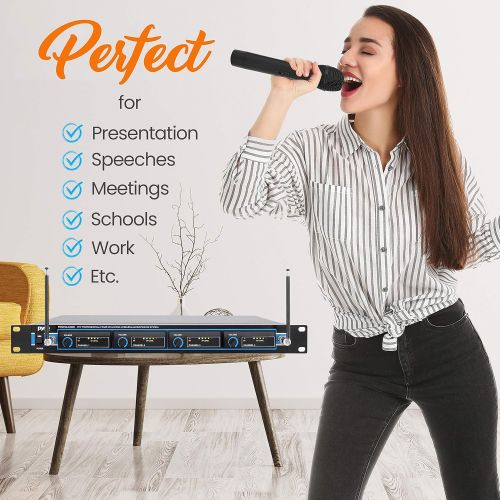  Pyle 4 Channel VHF Wireless Microphone System & Rack Mountable Base 2 Handheld MIC, 2 Headset, 2 Belt Pack, 2 Lavelier/Lapel MIC With Independent Volume Controls AF & RF Signal Ind