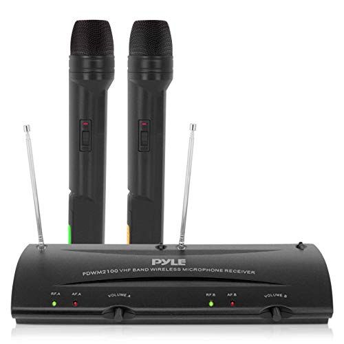  Pyle Dual Channel VHF Professional Wireless Microphone System Set with 2 Handheld Microphones, Receiver Base, 1/4 Audio Connection Cable, Power Adapter - For Karaoke, PA, Public Ev