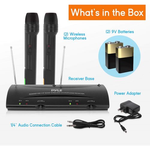  Pyle Dual Channel VHF Professional Wireless Microphone System Set with 2 Handheld Microphones, Receiver Base, 1/4 Audio Connection Cable, Power Adapter - For Karaoke, PA, Public Ev