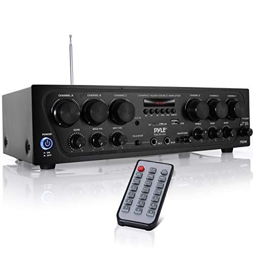  Pyle Wireless Bluetooth Karaoke-6 Channel 750 Watt Home Audio Sound Power Stereo Receiver Amplifier w/USB, Headphone, 2 Microphone Input w/Echo, Talkover for PA PTA62BT, Black