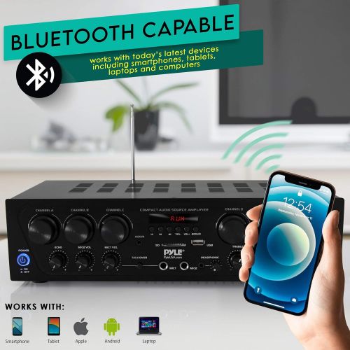  Pyle Wireless Bluetooth Karaoke-6 Channel 750 Watt Home Audio Sound Power Stereo Receiver Amplifier w/USB, Headphone, 2 Microphone Input w/Echo, Talkover for PA PTA62BT, Black