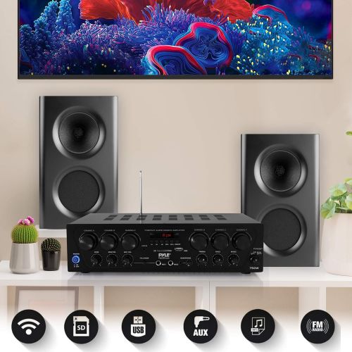  Pyle Wireless Bluetooth Karaoke-6 Channel 750 Watt Home Audio Sound Power Stereo Receiver Amplifier w/USB, Headphone, 2 Microphone Input w/Echo, Talkover for PA PTA62BT, Black