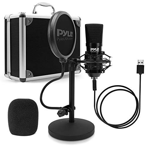  Pyle USB Microphone Podcast Recording Kit - Audio Cardioid Condenser Mic w/Desktop Stand and Pop Filter - for Gaming PS4, Streaming, Podcasting, Studio, YouTube, Works w/Windows Mac PC