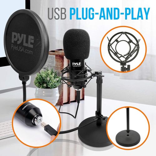  Pyle USB Microphone Podcast Recording Kit - Audio Cardioid Condenser Mic w/Desktop Stand and Pop Filter - for Gaming PS4, Streaming, Podcasting, Studio, YouTube, Works w/Windows Mac PC