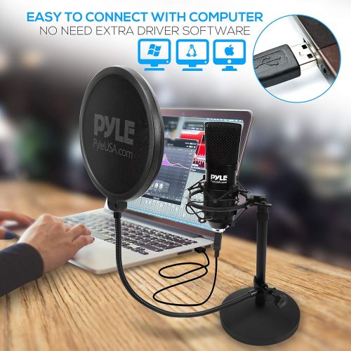  Pyle USB Microphone Podcast Recording Kit - Audio Cardioid Condenser Mic w/Desktop Stand and Pop Filter - for Gaming PS4, Streaming, Podcasting, Studio, YouTube, Works w/Windows Mac PC