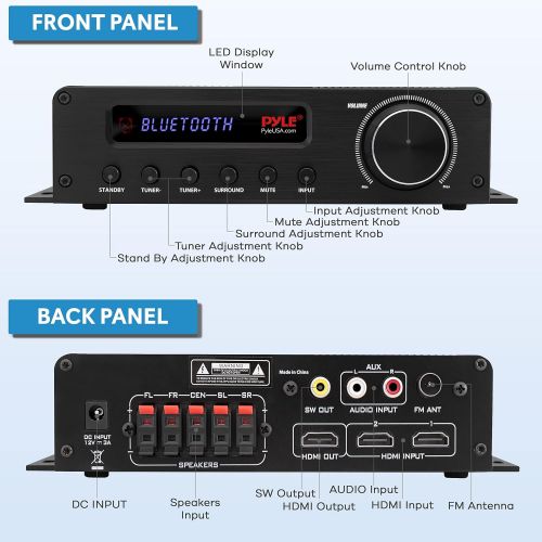  Wireless Bluetooth Home Audio Amplifier - 100W 5 Channel Home Theater Power Stereo Receiver, Surround Sound w/ HDMI, AUX, FM Antenna, Subwoofer Speaker Input, 12V Adapter - Pyle PF