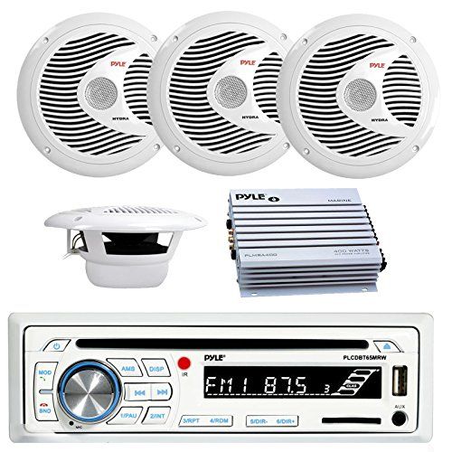  Pyle CD Bluetooth Marine Stereo Radio Receiver & Waterproof (2) 6.5 Speaker Kit, 4X Pyle 150 Watts 6.5 2 Way Marine White Speakers, Pyle 4 Channel 400 Watt Waterproof Marine White