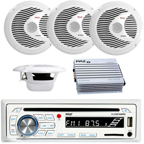  Pyle CD Bluetooth Marine Stereo Radio Receiver & Waterproof (2) 6.5 Speaker Kit, 4X Pyle 150 Watts 6.5 2 Way Marine White Speakers, Pyle 4 Channel 400 Watt Waterproof Marine White