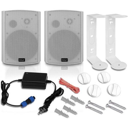  Pyle PDWR61BTWT 6.5 Inch Wall Mount Waterproof Stereo Speaker System for Indoor or Outdoor Theater Wireless Bluetooth Surround Sound System, White (4 Pack)