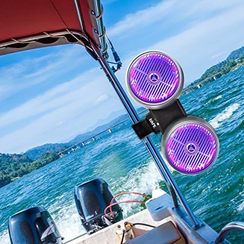  Pyle Marine Wakeboard Tower Speakers - Waterproof 8in Dual Subwoofer Speaker Set and 1.0” Tweeters, LED Lights and 600 Watt Power - 2-way Boat Audio System with Mounting Bracket -