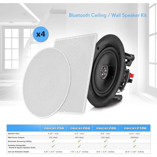  Pyle 6.5” 4 Bluetooth Flush Mount In-wall In-ceiling 2-Way Speaker System Quick Connections Changeable Round/Square Grill Polypropylene Cone & Tweeter Stereo Sound 4 Ch Amplifier 2