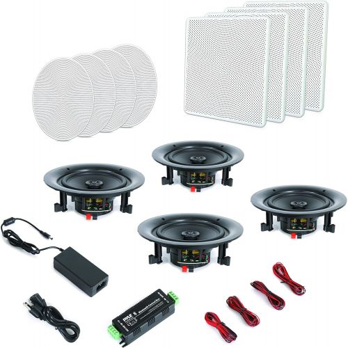  Pyle 6.5” 4 Bluetooth Flush Mount In-wall In-ceiling 2-Way Speaker System Quick Connections Changeable Round/Square Grill Polypropylene Cone & Tweeter Stereo Sound 4 Ch Amplifier 2