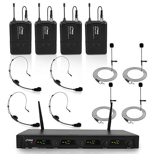  Pyle 4 Channel UHF Wireless Microphone System & Rack Mountable Base 4 Headsets, 4 Belt Packs, 4 Lavelier/Lapel MIC With Independent Volume Controls AF & RF Signal Indicators (PDWM4