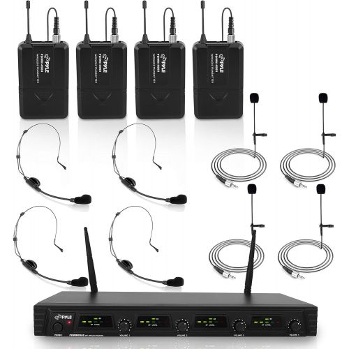  Pyle 4 Channel UHF Wireless Microphone System & Rack Mountable Base 4 Headsets, 4 Belt Packs, 4 Lavelier/Lapel MIC With Independent Volume Controls AF & RF Signal Indicators (PDWM4