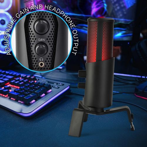  Pyle Selectable Pickup Pattern RGB USB Microphone - 4 Recording Modes Cardioid, Bidirectional, Stereo, Omnidirectional - Condenser Audio Mic w/LED Lights for Gaming Podcasting Stud