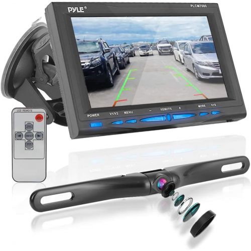  Pyle Rear View Backup Car Camera - Screen Monitor System w/ Parking and Reverse Assist Safety Distance Scale Lines, Waterproof & Night Vision, 7 LCD video Color Display for Vehicles - P