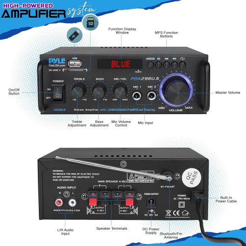 Pyle Wireless Bluetooth Stereo Power Amplifier - 200W 2 Channel Audio Stereo Receiver USA Warranty w/RCA, USB, SD, MIC in, FM Radio, for Home Theater Entertainment via RCA, Studio