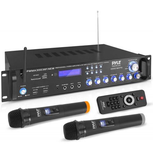  Pyle Bluetooth Home Audio Power Amplifier -4 Ch. 3000W, Stereo Receiver w/ Speaker Selector, FM Radio, USB, Headphone, 2 Wireless Mics for Karaoke, Great for Home Entertainment System -