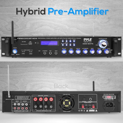  Pyle Bluetooth Home Audio Power Amplifier -4 Ch. 3000W, Stereo Receiver w/ Speaker Selector, FM Radio, USB, Headphone, 2 Wireless Mics for Karaoke, Great for Home Entertainment System -