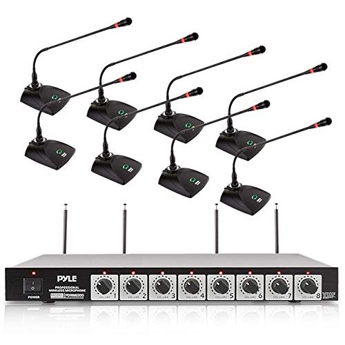  8 Channel Wireless Microphone System - Portable VHF Cordless Audio Mic Set with 1/4 and XLR Output, Dual Antenna, - Includes 8 Table Top Mics, Rack Mountable Receiver Base - Pyle P